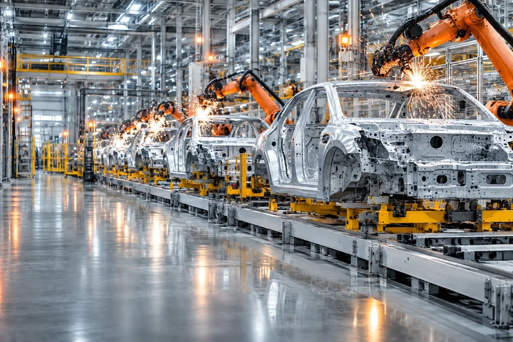 Karosseriebau mit Robotern in einem hellen Automobilwerk