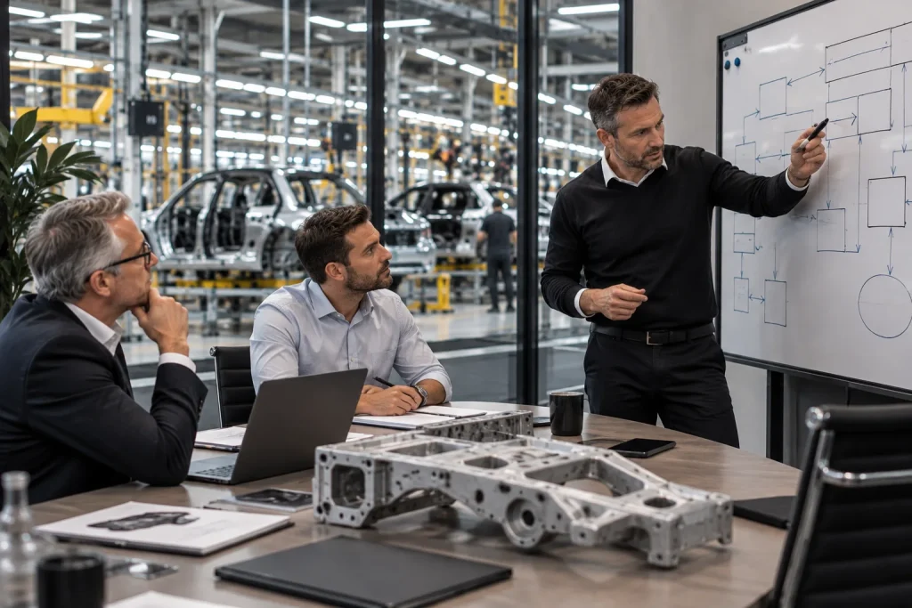 Strategie-Workshop mit Bauteil auf dem Tisch, Blick in die Montagehalle