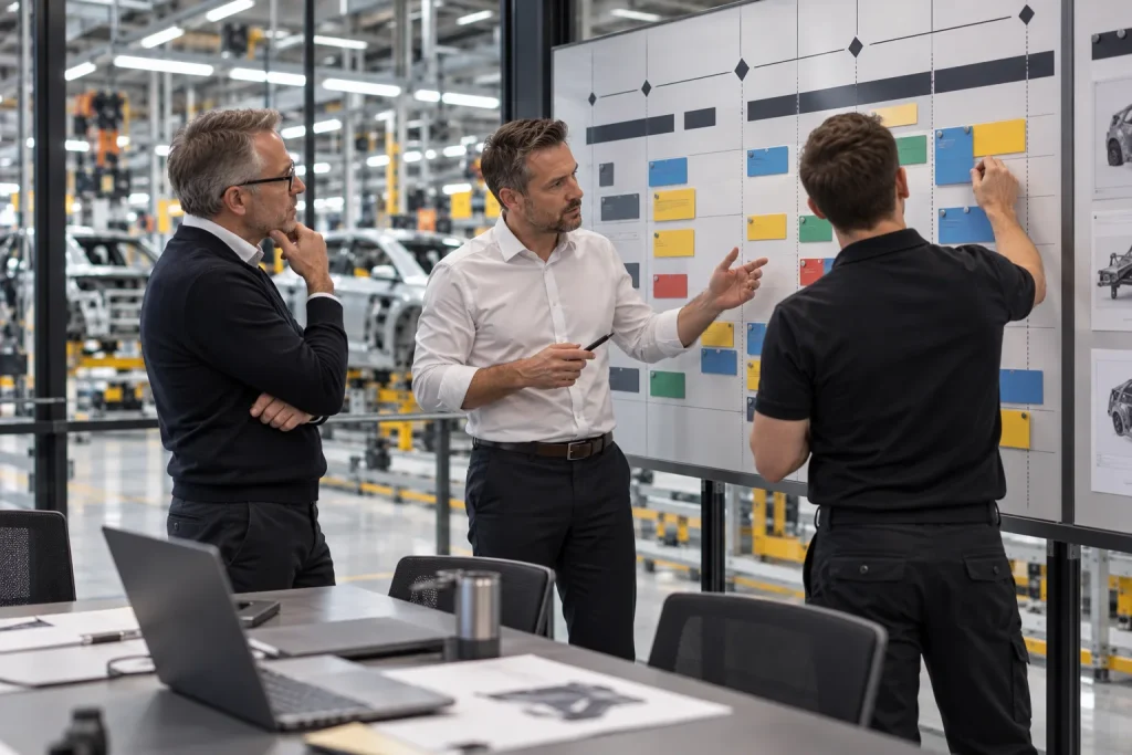 Projektraum mit Meilensteinplan an der Halle