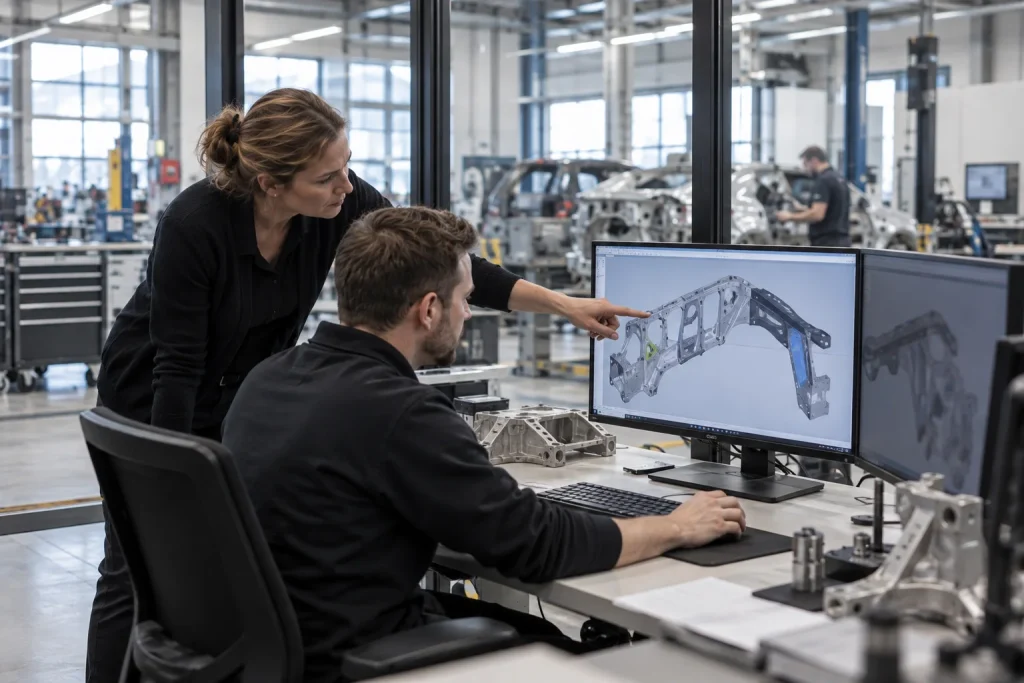 Entwicklungsbüro mit CAD-Modell, Blick in den Prototypenbau