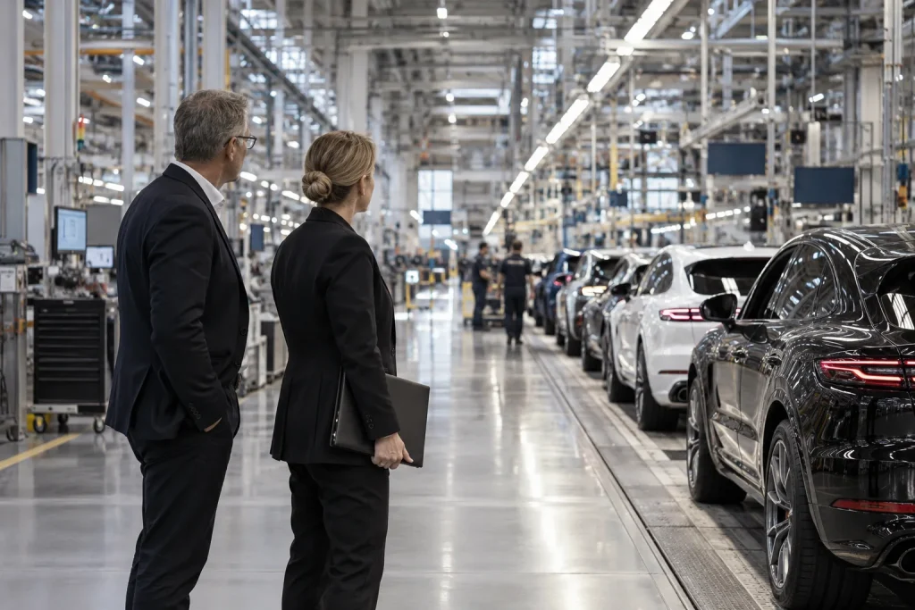 Führungsgespräch am Bandende der Fahrzeugmontage