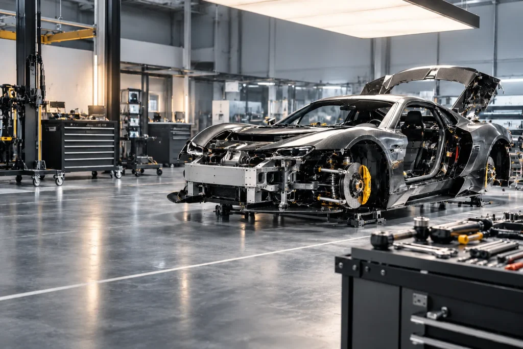 Hypercar im Aufbau in einer Manufaktur