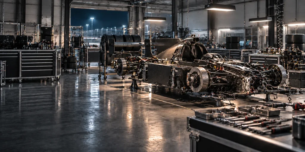 Rennwagen im Aufbau in einer Motorsport-Werkstatt